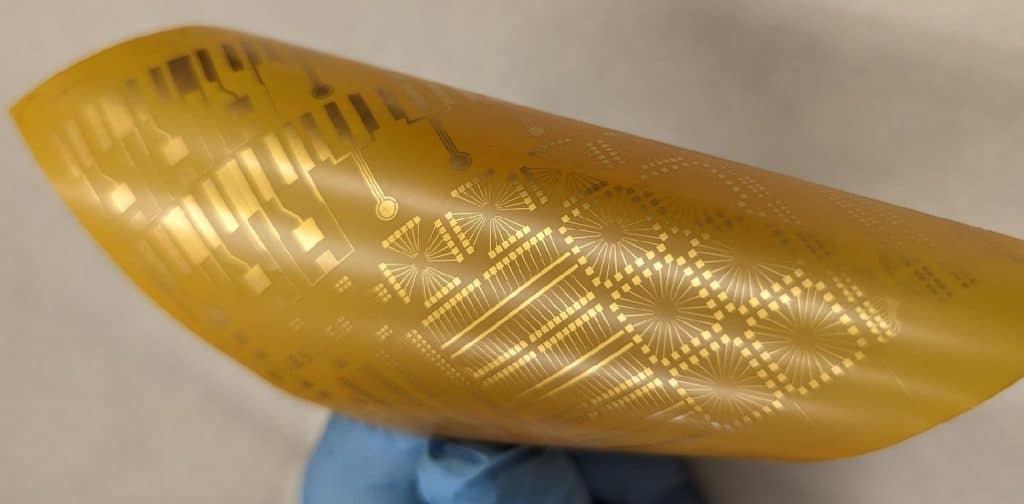 picture of gold electrodes on flexible polyimide film