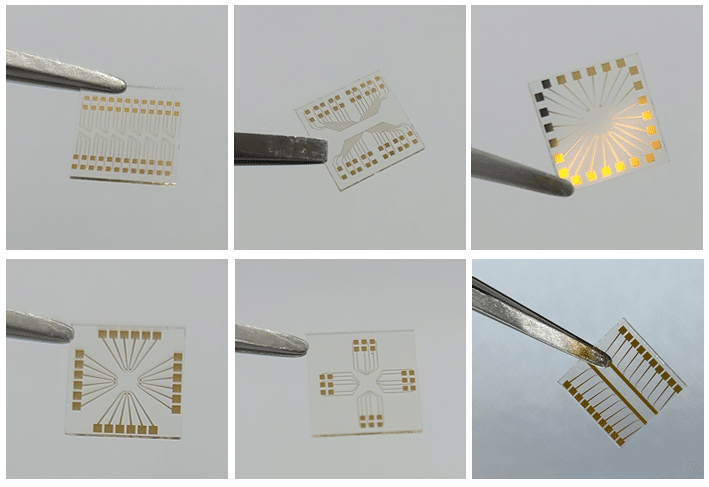 pictures of gold thin-film electrodes on glass.
